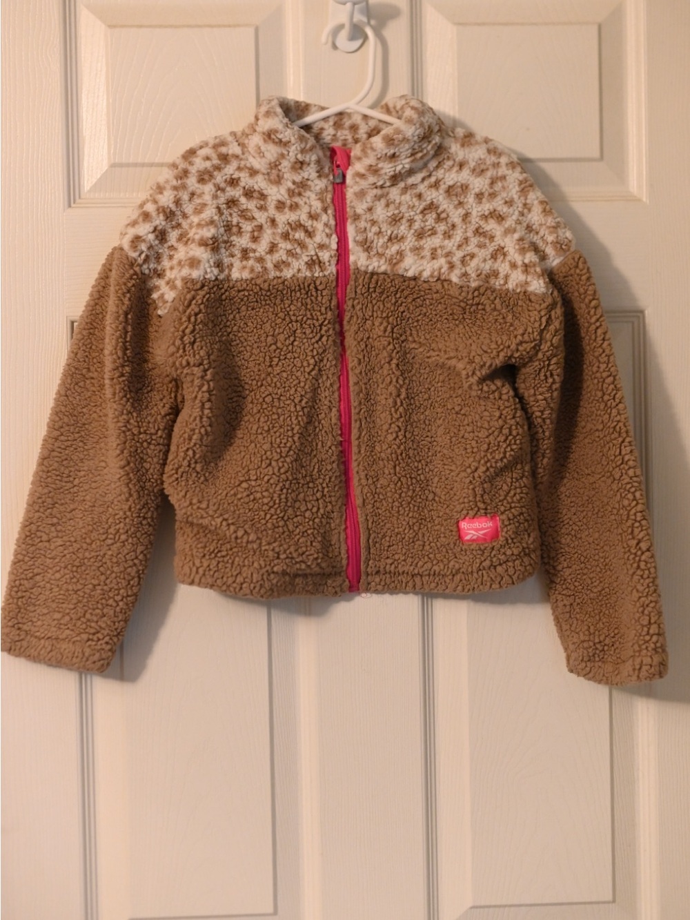 Reebok Girls Brown Sherpa Jacket with Leopard Yoke and Pink Trim